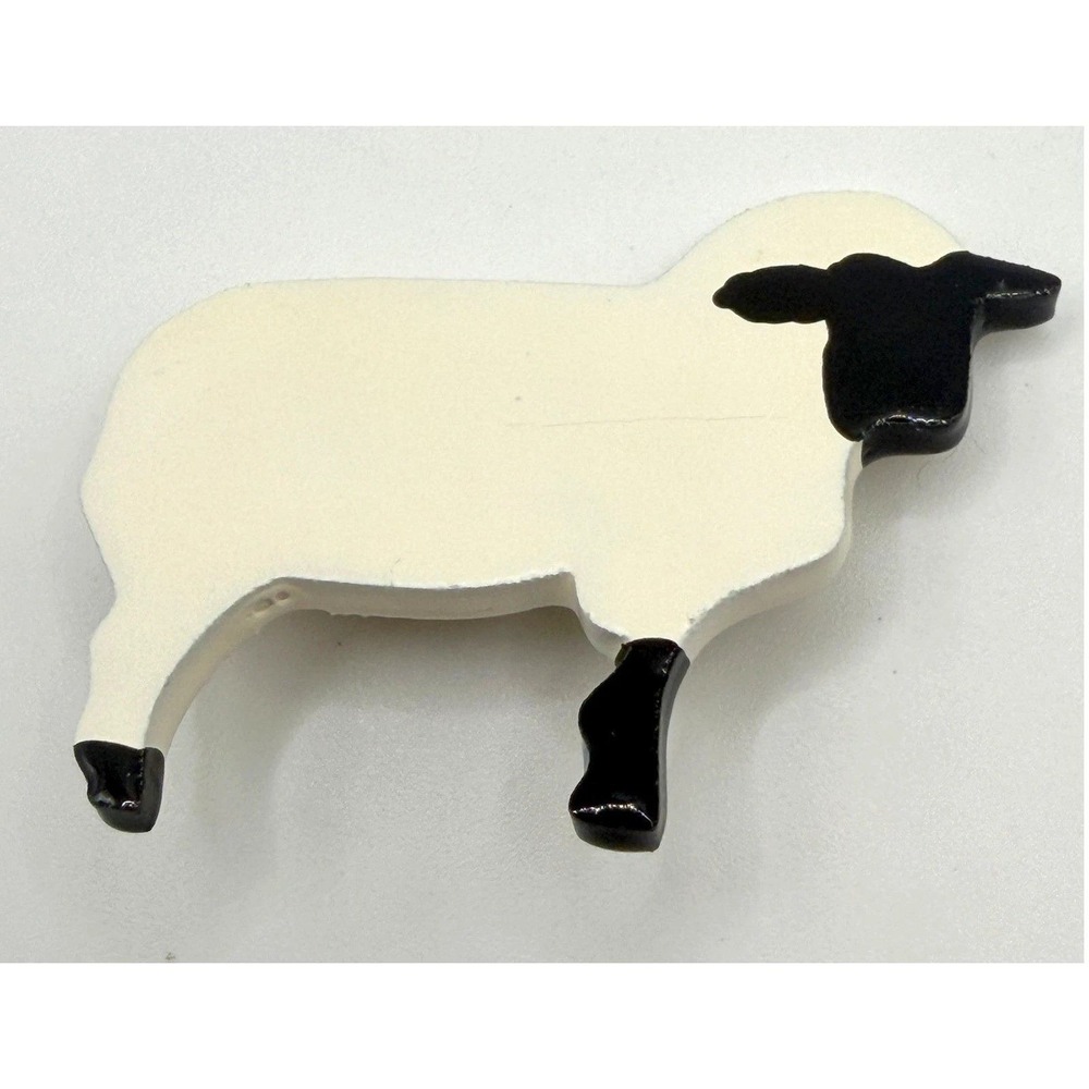 Vintage Black White Sheep Lamb Brooch Resin Farm Animal Folk Art Pin 2.25"